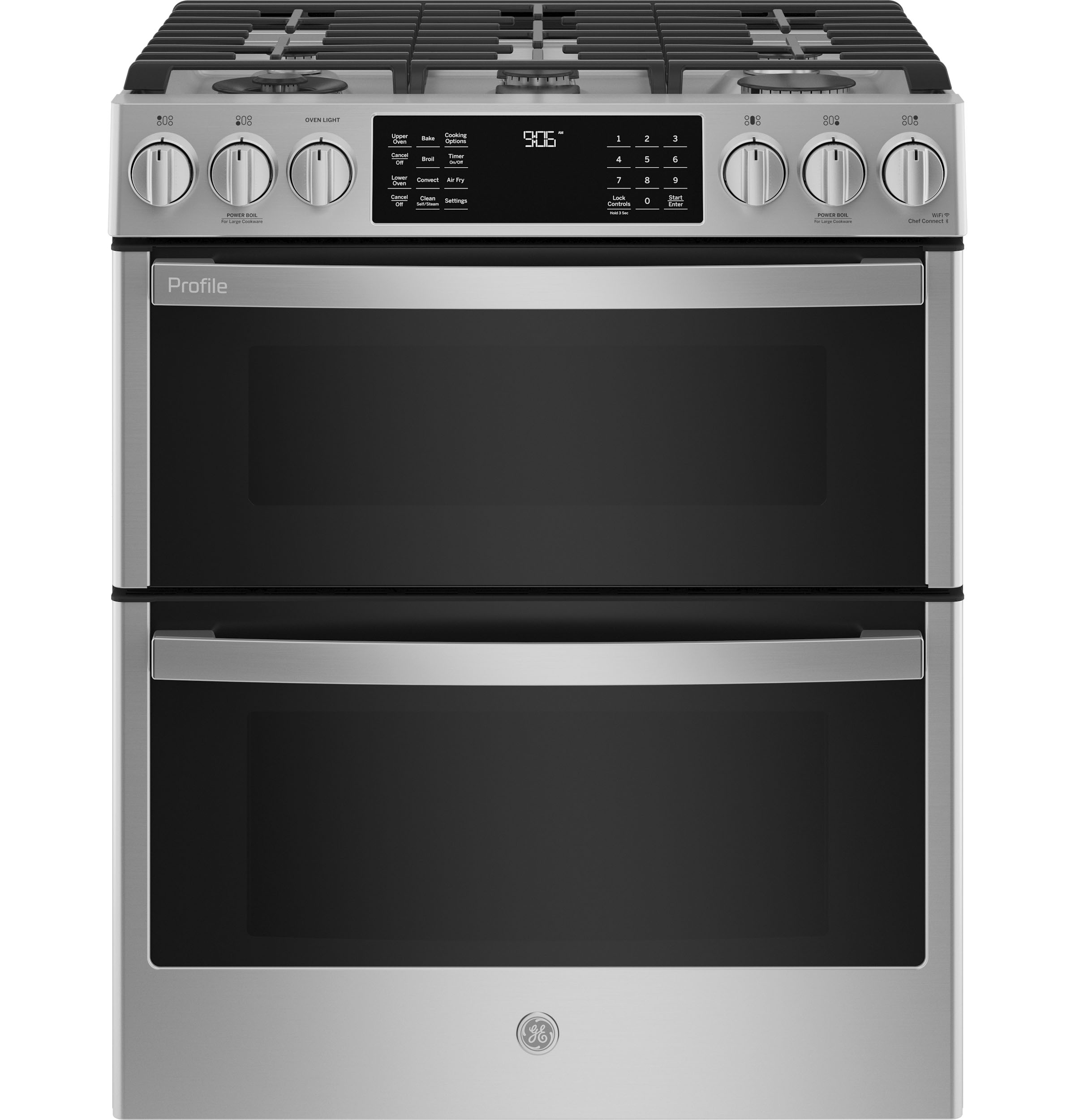 GE Profile 30" Smart Slide-In Front-Control Gas Double Oven Convection Fingerprint Resistant Range | PGS960YPFS