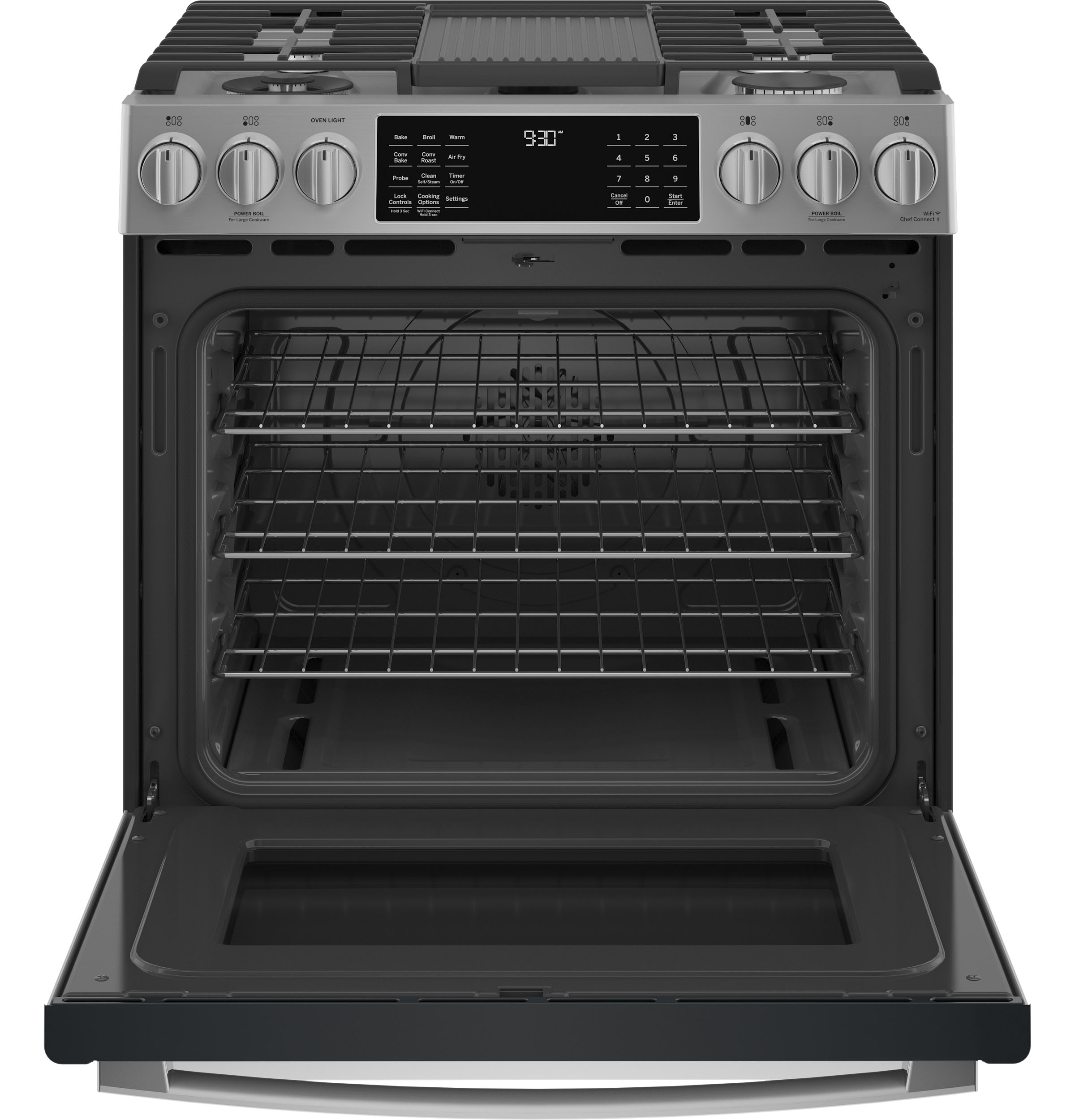GE Profile 30" Smart Slide-In Front-Control Gas Fingerprint Resistant Range with No Preheat Air Fry | PGS930YPFS
