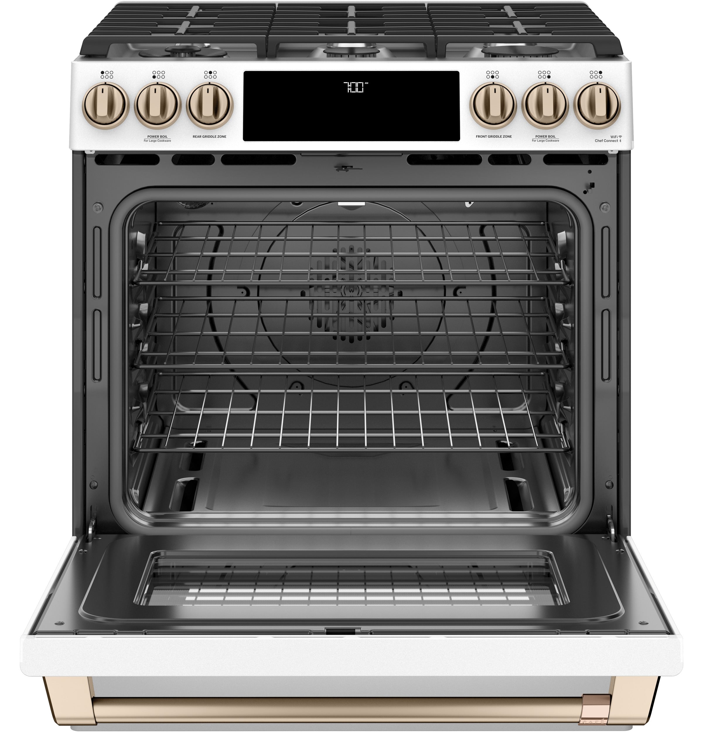 CAFÉ 30" Smart Slide-In, Front-Control, Gas Range with Convection Oven | CGS700P4MW2