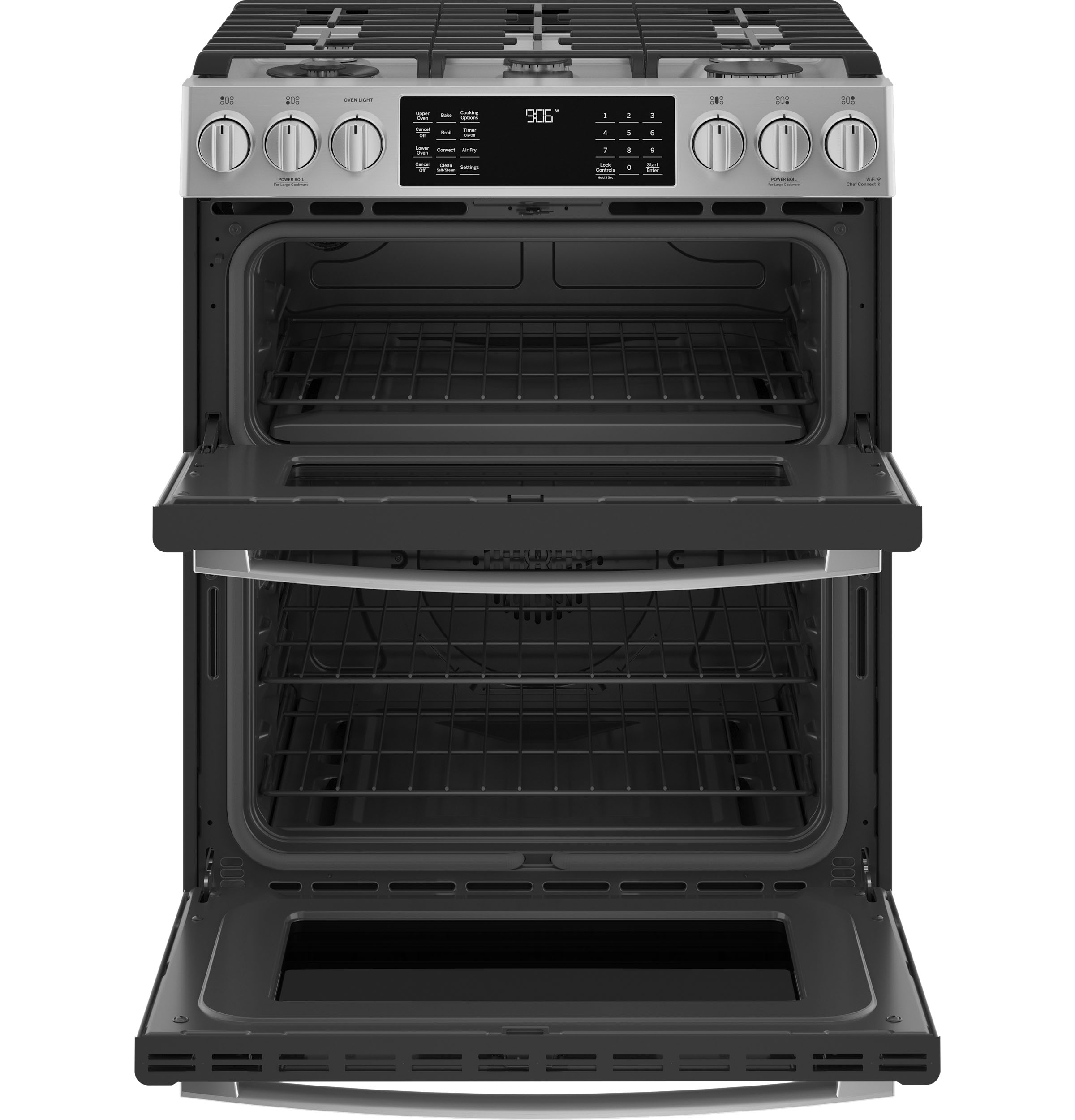 GE Profile 30" Smart Slide-In Front-Control Gas Double Oven Convection Fingerprint Resistant Range | PGS960YPFS
