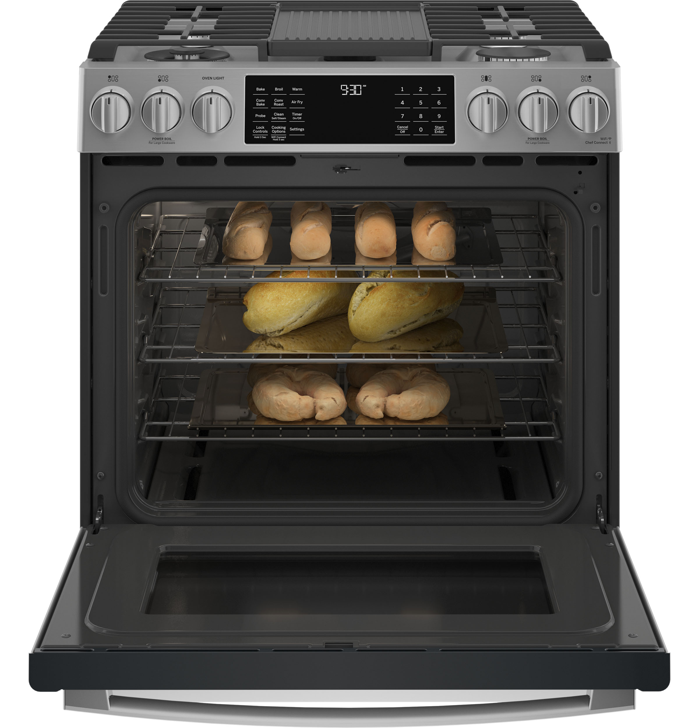 GE Profile 30" Smart Slide-In Front-Control Gas Fingerprint Resistant Range with No Preheat Air Fry | PGS930YPFS