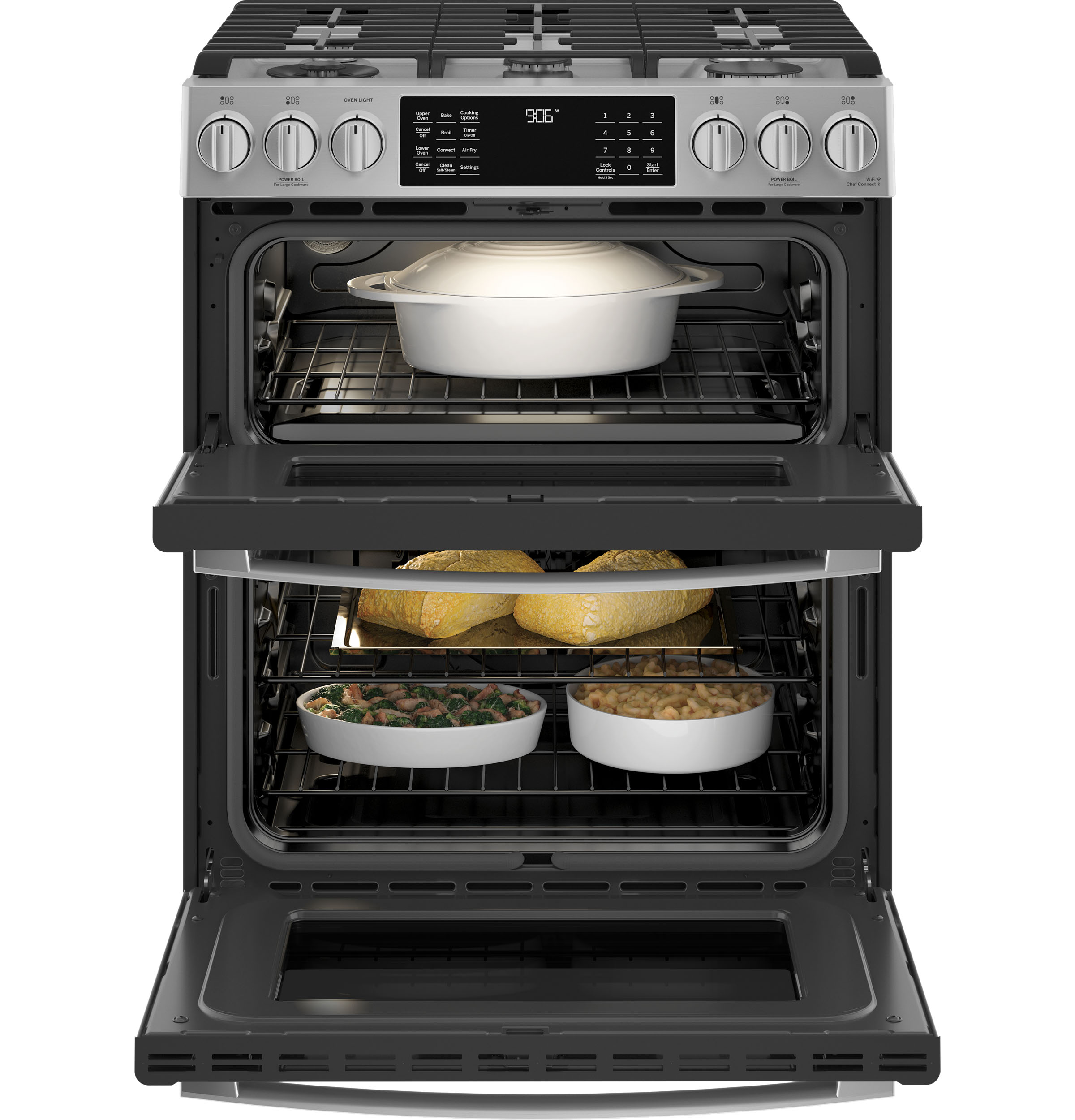 GE Profile 30" Smart Slide-In Front-Control Gas Double Oven Convection Fingerprint Resistant Range | PGS960YPFS