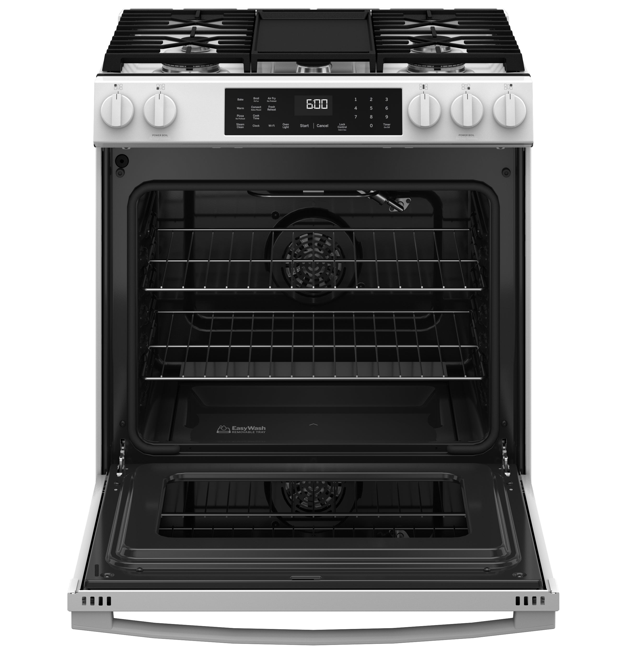 GE Slide-In Front-Control Convection Gas Range with No Preheat Air Fry and EasyWash™ Oven Tray | GGS600AVWW