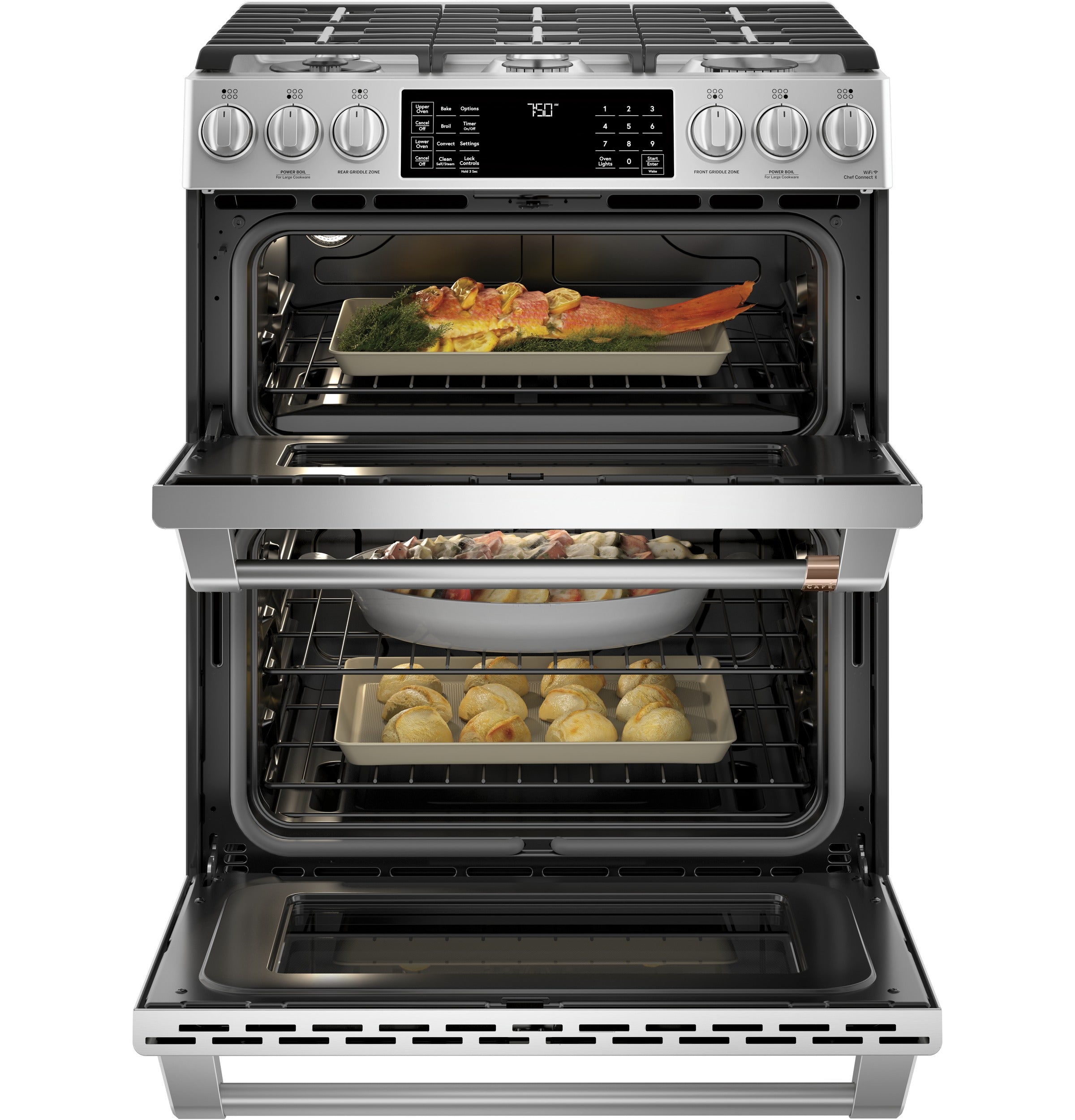 CAFÉ 30" Smart Slide-In, Front-Control, Gas Double-Oven Range with Convection | CGS750P2MS1