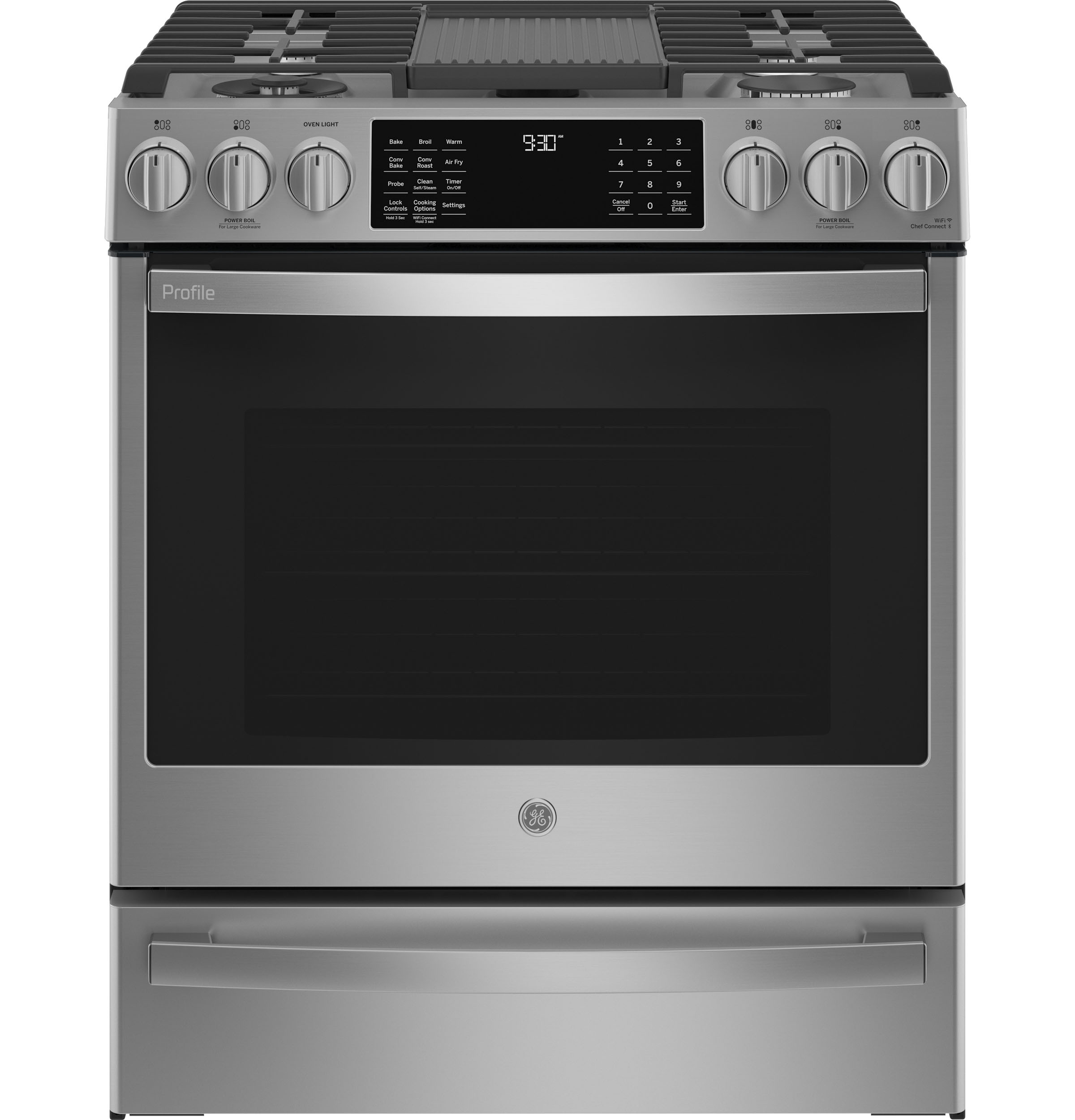 GE Profile 30" Smart Slide-In Front-Control Gas Fingerprint Resistant Range with No Preheat Air Fry | PGS930YPFS