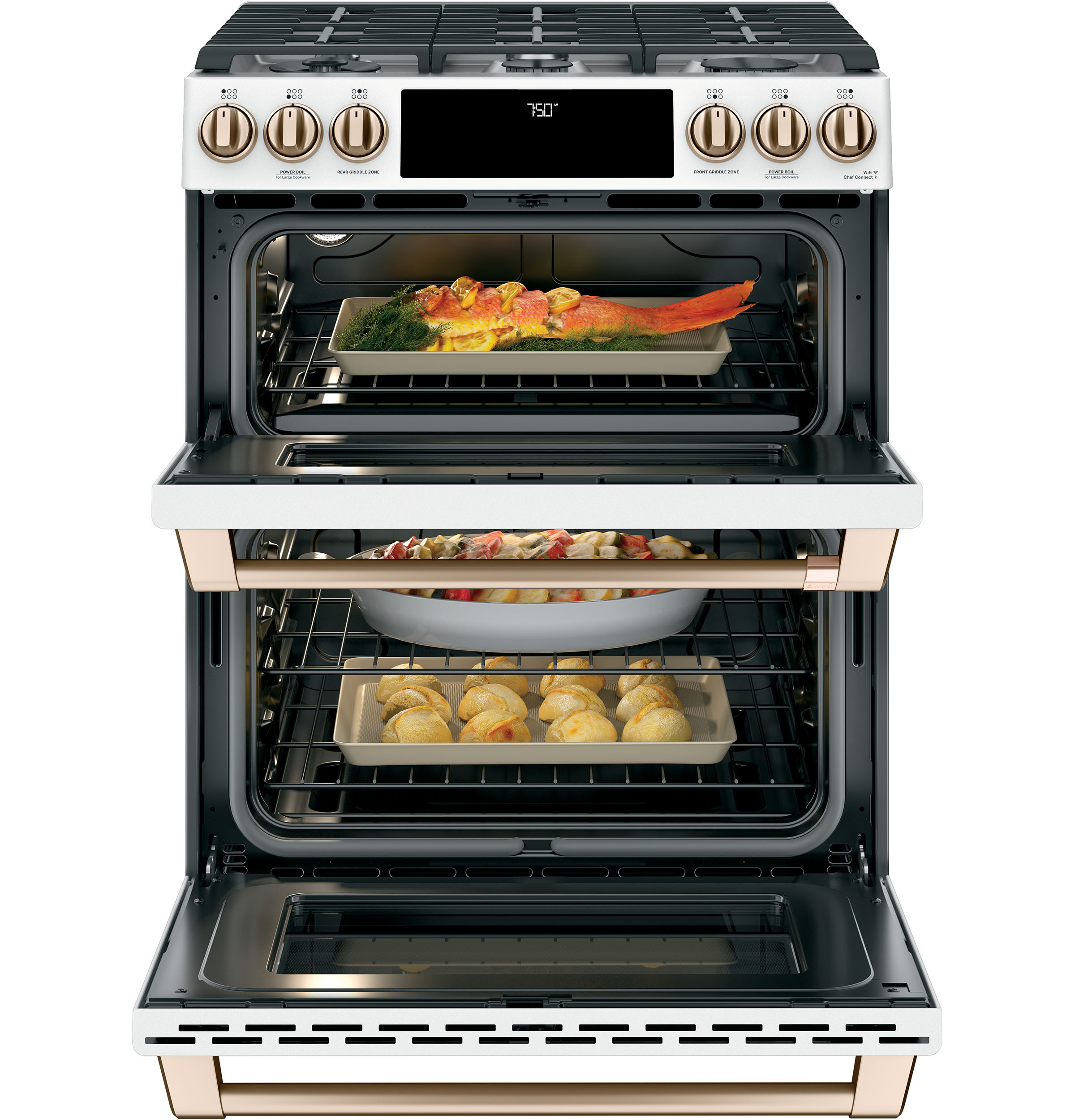CAFÉ 30" Smart Slide-In, Front-Control, Gas Double-Oven Range with Convection | CGS750P4MW2