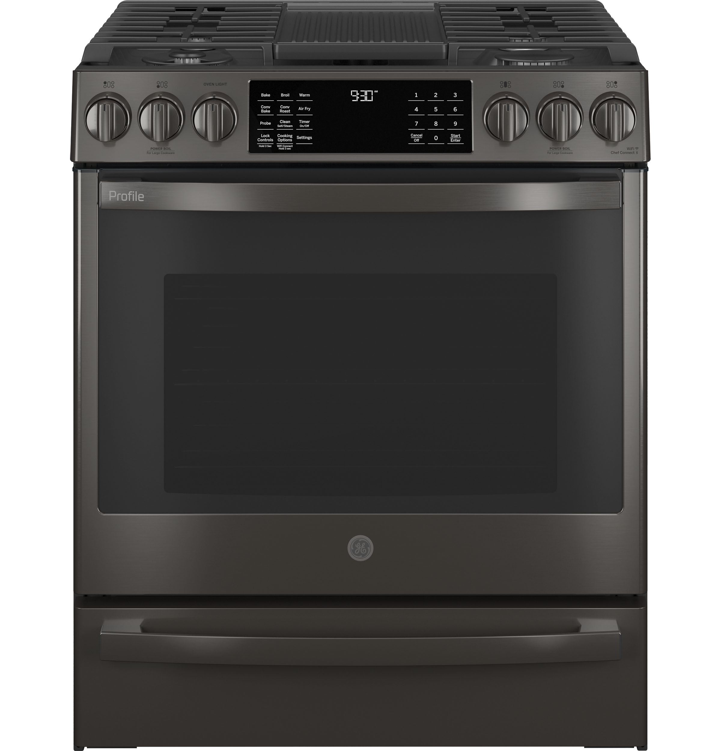 GE Profile 30" Smart Slide-In Front-Control Gas Fingerprint Resistant Range with No Preheat Air Fry | PGS930BPTS