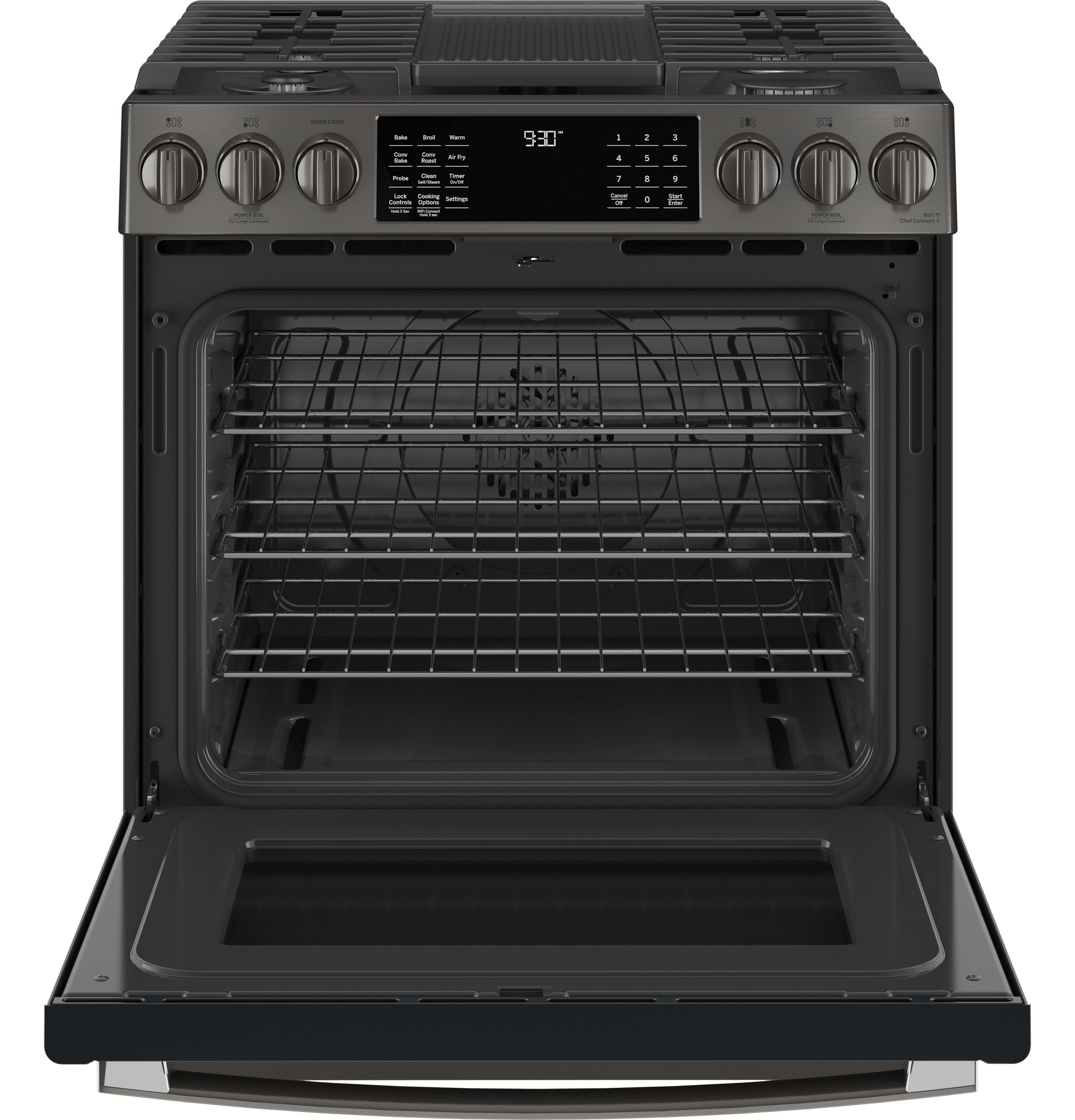 GE Profile 30" Smart Slide-In Front-Control Gas Fingerprint Resistant Range with No Preheat Air Fry | PGS930BPTS