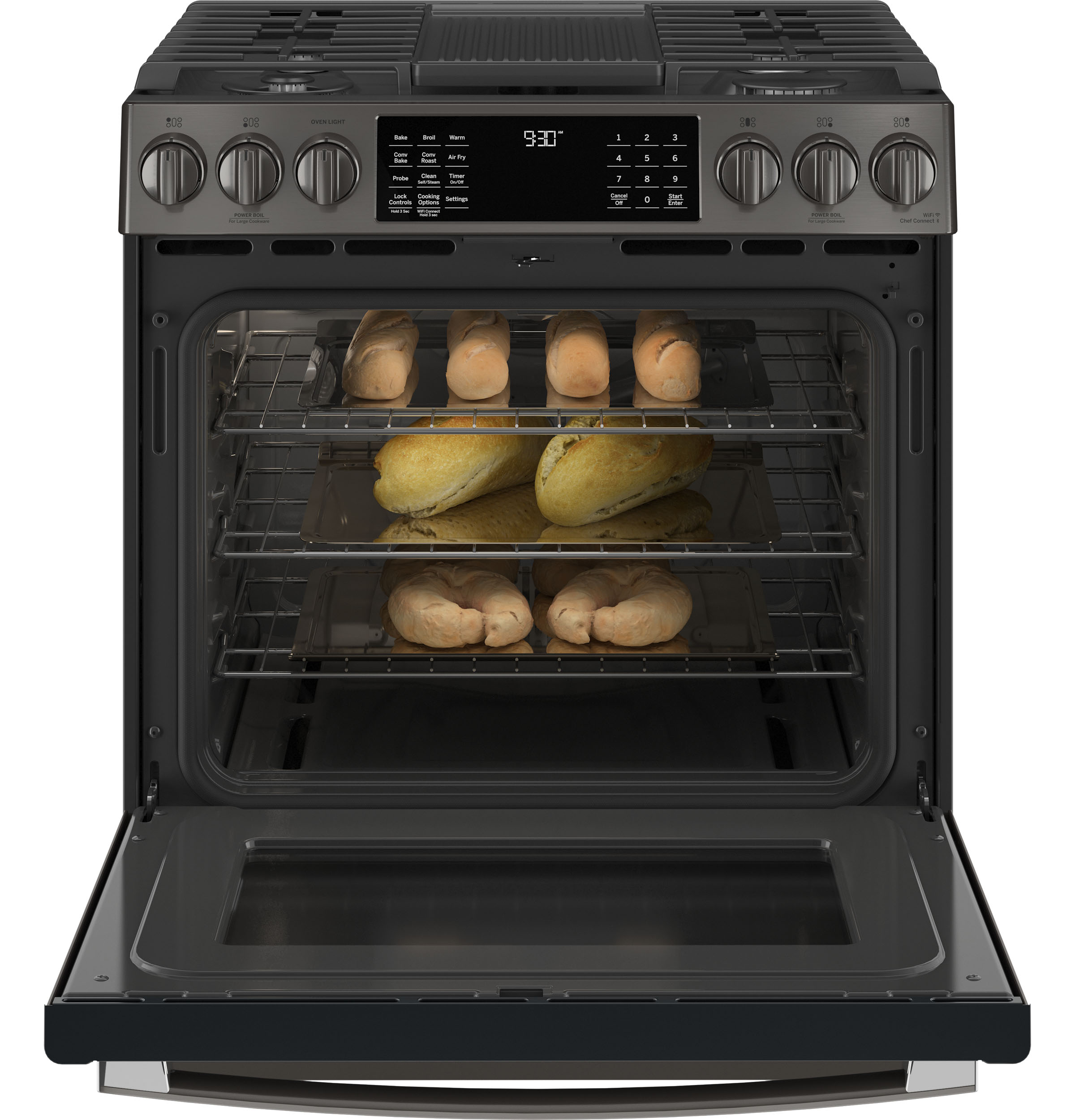 GE Profile 30" Smart Slide-In Front-Control Gas Fingerprint Resistant Range with No Preheat Air Fry | PGS930BPTS